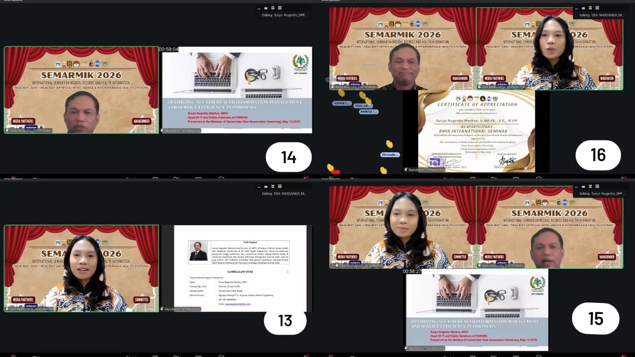Keterangan : Gambar 13 Pembacaan CV Narasumber Pertama, Gambar 14 Penyampaian Materi oleh Narasumber Pertama yaitu Bapak Suryo Nugroho Markus, A.md.PK., S.E., M.PH., Gambar 15 Sesi Tanya Jawab, Gambar 16 Penyerahan Sertifikat Kepada Narasumber Pertama dan